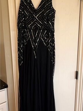 Adrianna Papell Black Beaded V-Neck Evening Gown
